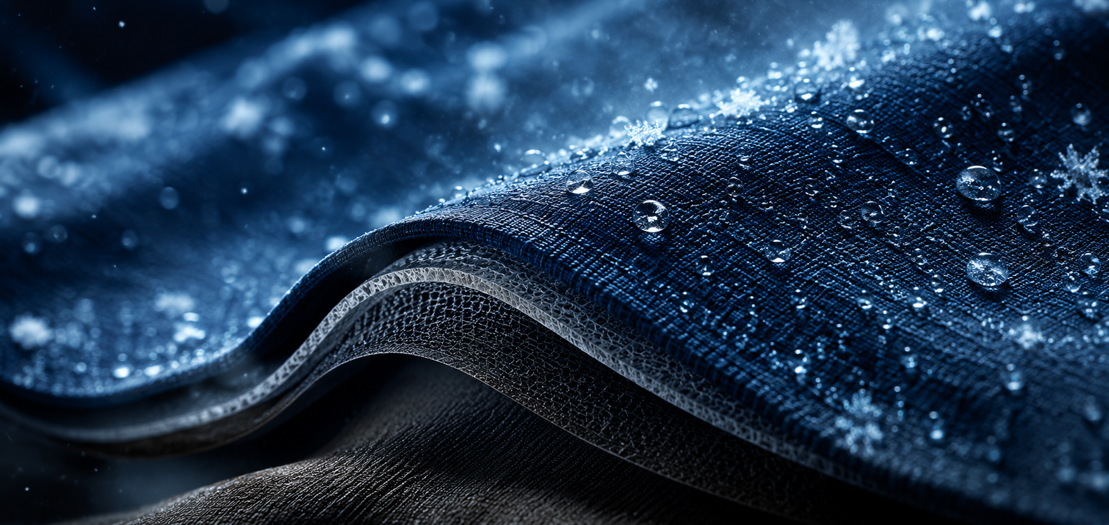 High-altitude technical fabric close-up with water droplets and ice crystals