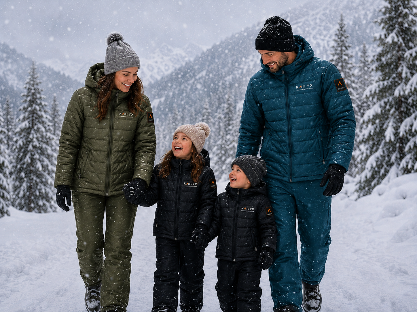 Family hiking in Kailyx technical outerwear on a snowy ridge