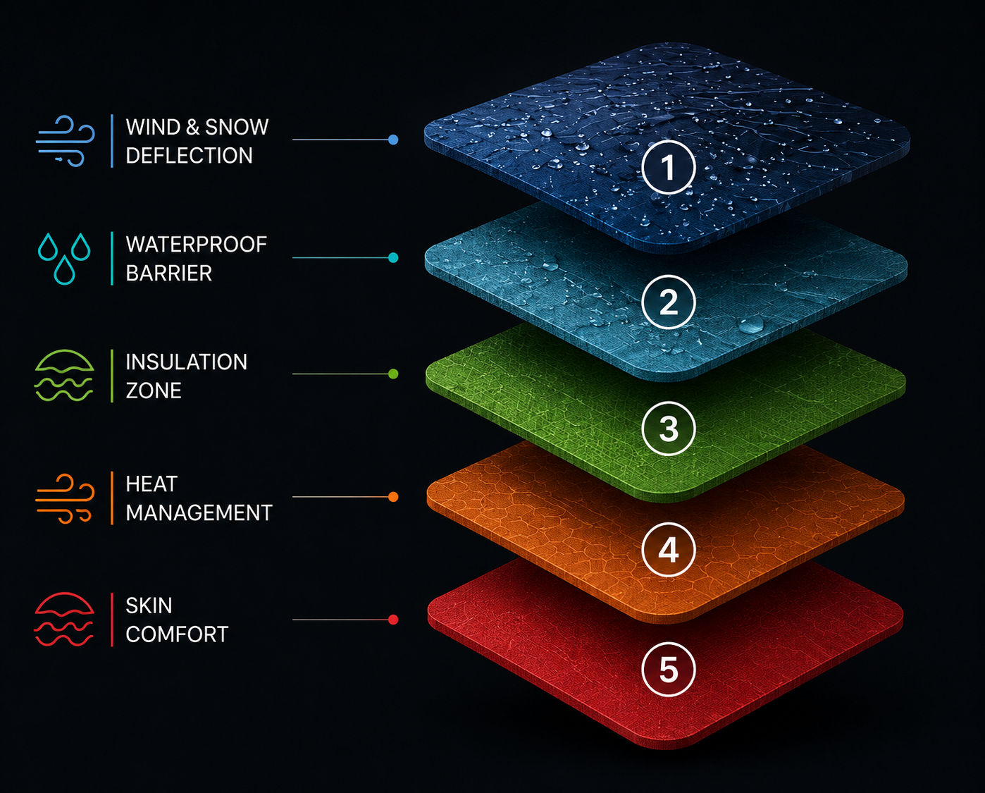 Five micro-climate layer diagram: Wind & Snow Deflection, Waterproof Barrier, Insulation Zone, Heat Management, Skin Comfort